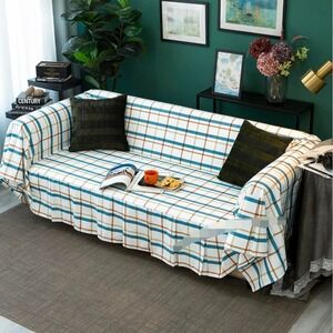 Ivory‎ and Blue Plaid Sofa Cover Furniture Protector Couch Cover 71x134"